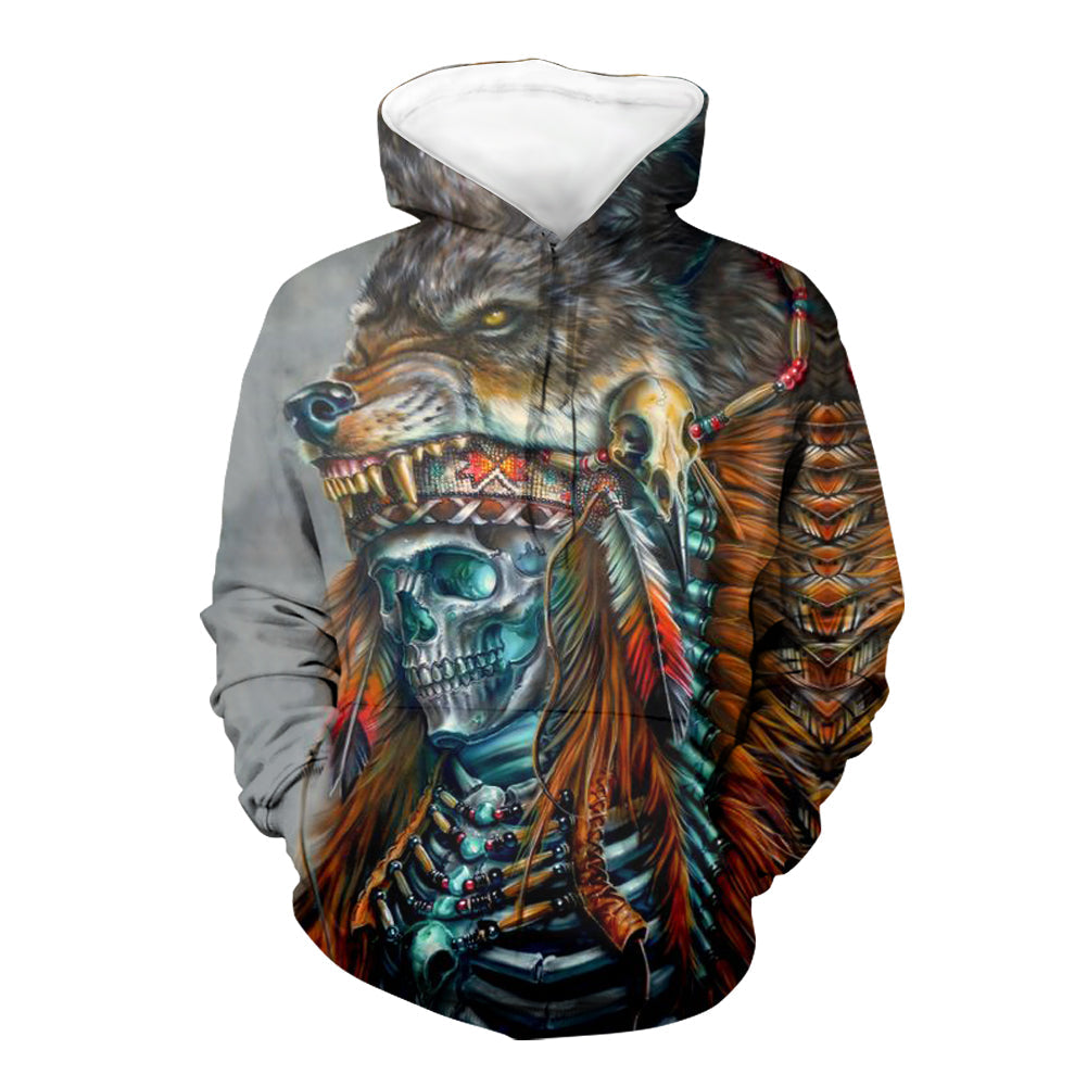 GB-NAT00409 Skull Chief With Wolf Headdress 3D Hoodie