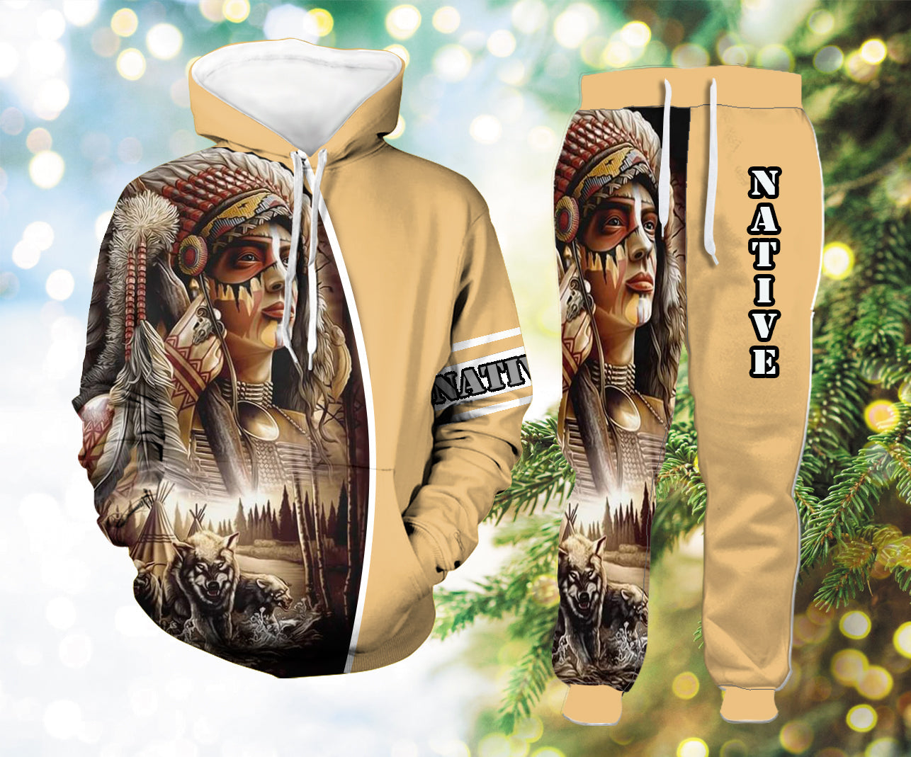 HLP00114 Brown Chief Native Hoodie Long Pants 3D Set