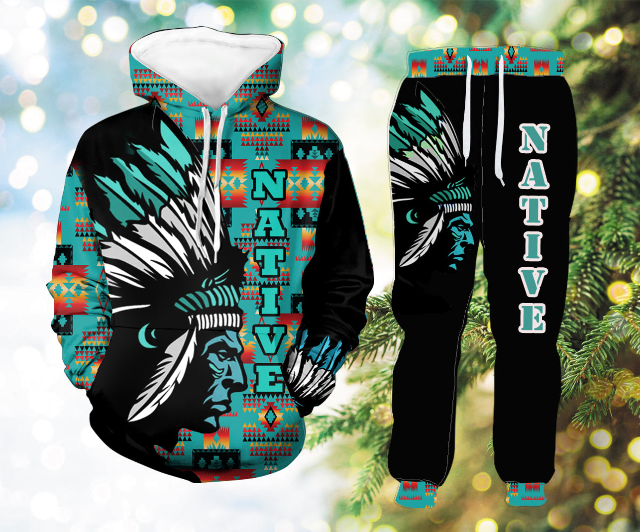 HLP00120 Pattern Native Hoodie Long Pants 3D Set