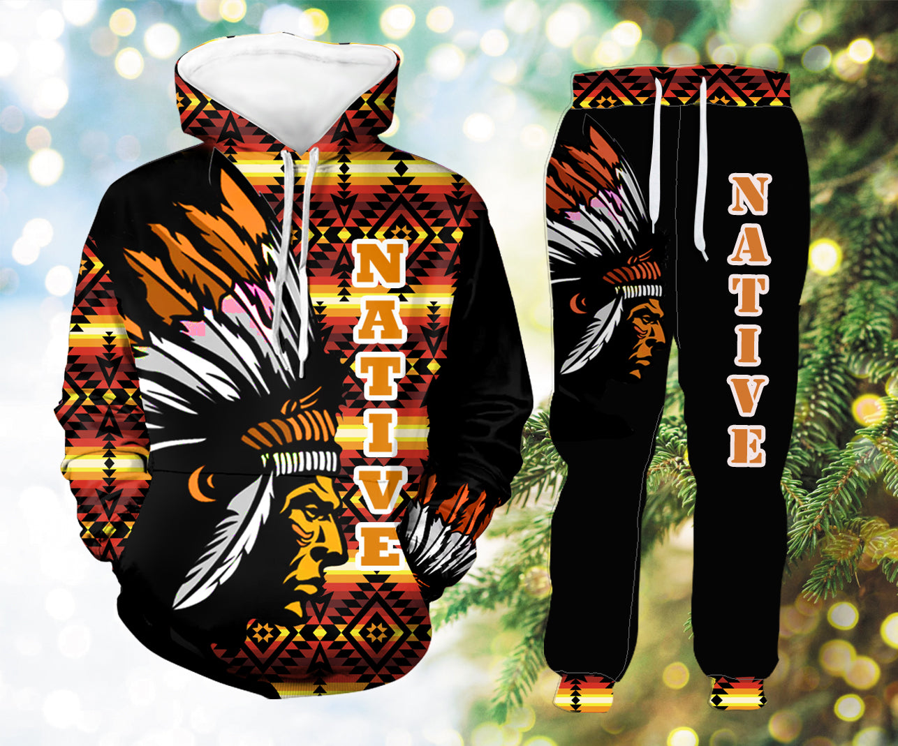 HLP00118 Pattern Native Hoodie Long Pants 3D Set