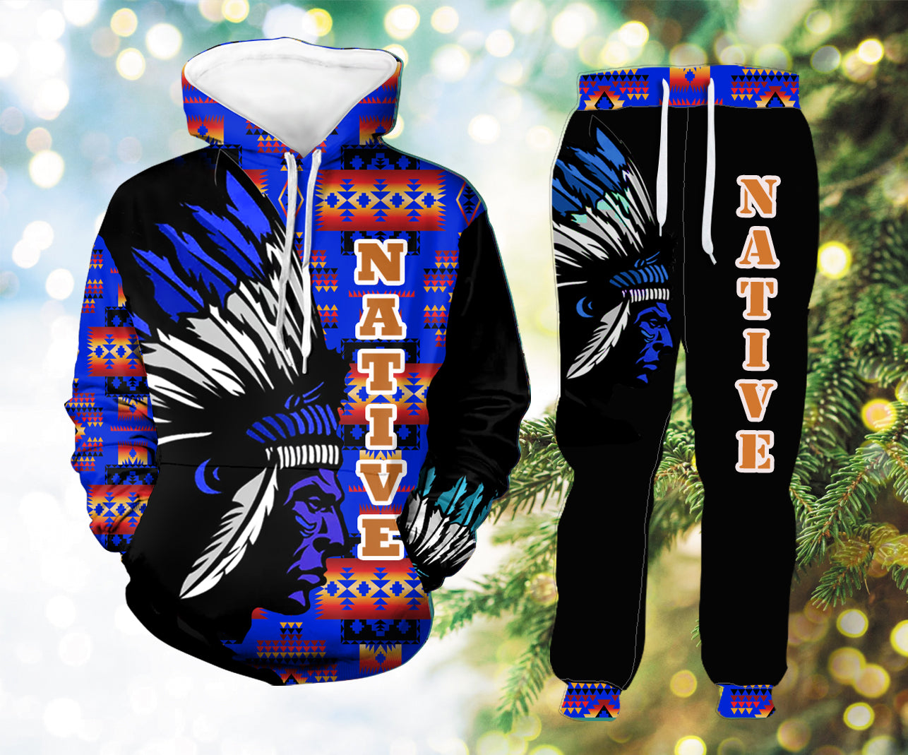 HLP00117 Pattern Native Hoodie Long Pants 3D Set