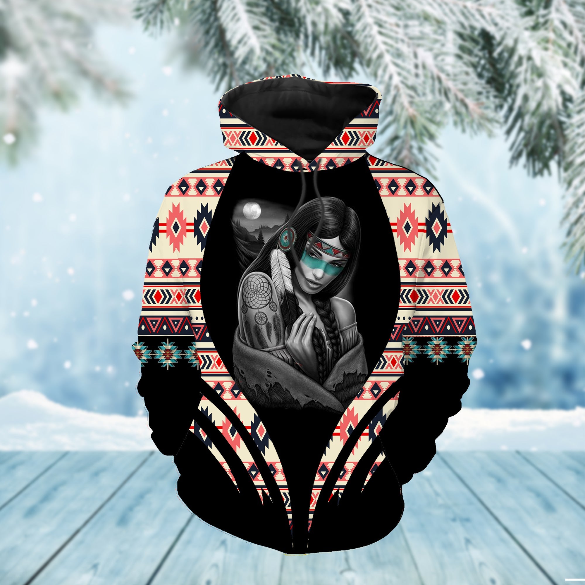 GB-NAT00375-F01 Pink & Navy Pattern Native 3D Hoodie