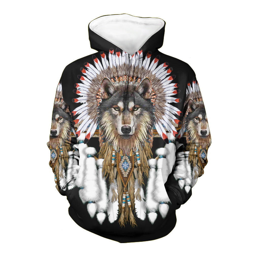 GB-NAT00446 Wolf With Feather Headdress 3D Hoodie