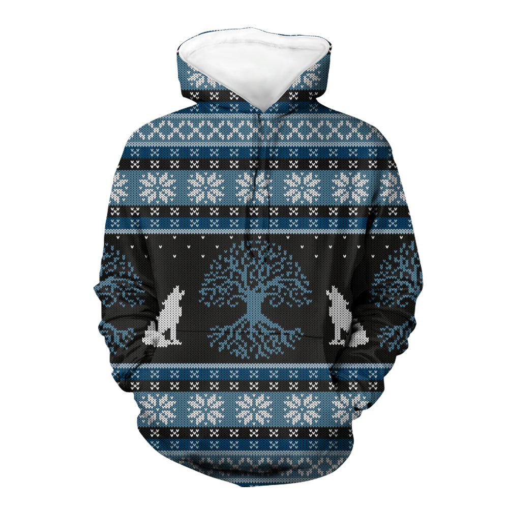 GB-NAT00459 Wolf & Tree Pattern Native 3D Hoodie