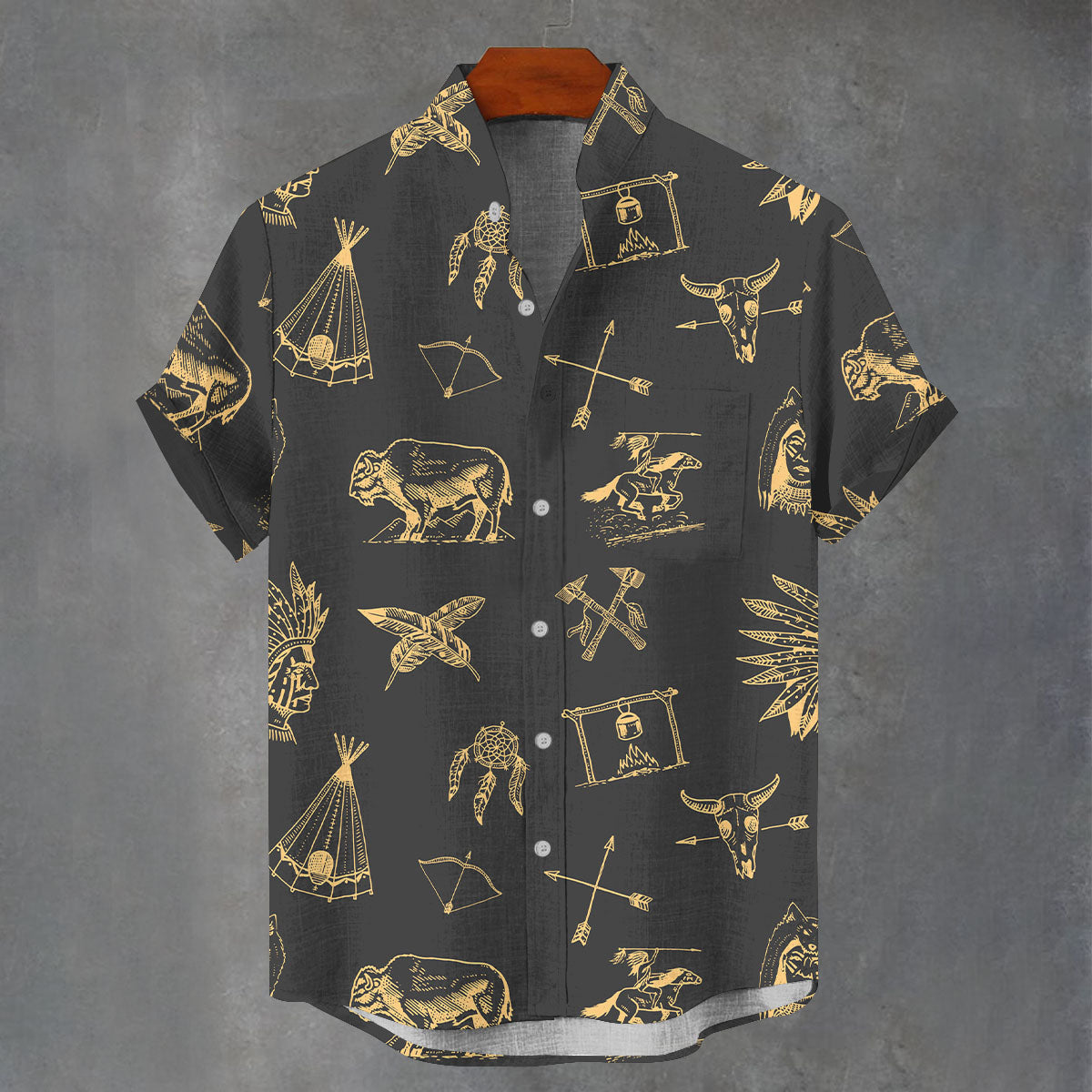 250328M01 Native American Men Stand Collar Shirt
