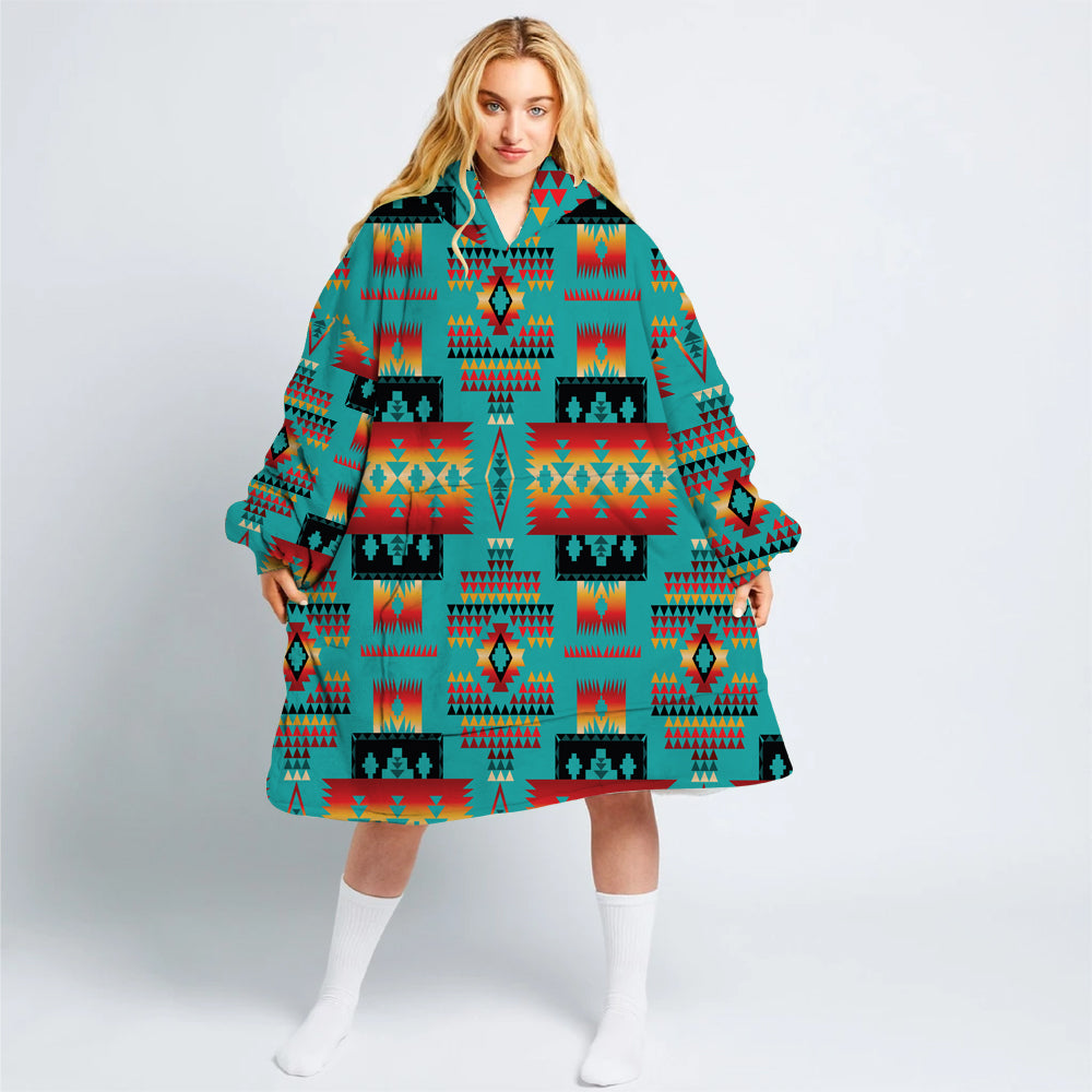 GB-NAT00046-14 Blue Native Tribes Pattern Long Fleece Hoodie