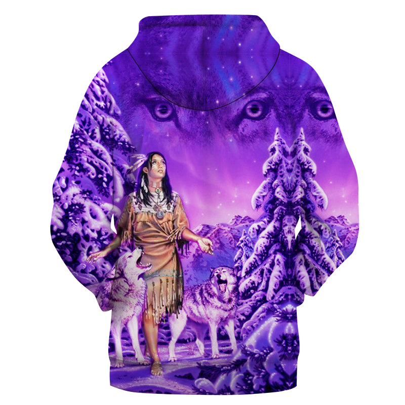 GB-NAT00352 Native Girl And Wolf Purple 3D Hoodie