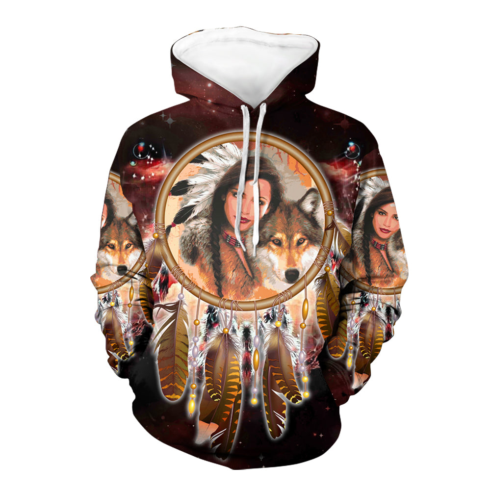 GB-NAT00354 Native Girl Dream Catcher Red Galaxy 3D Hoodie