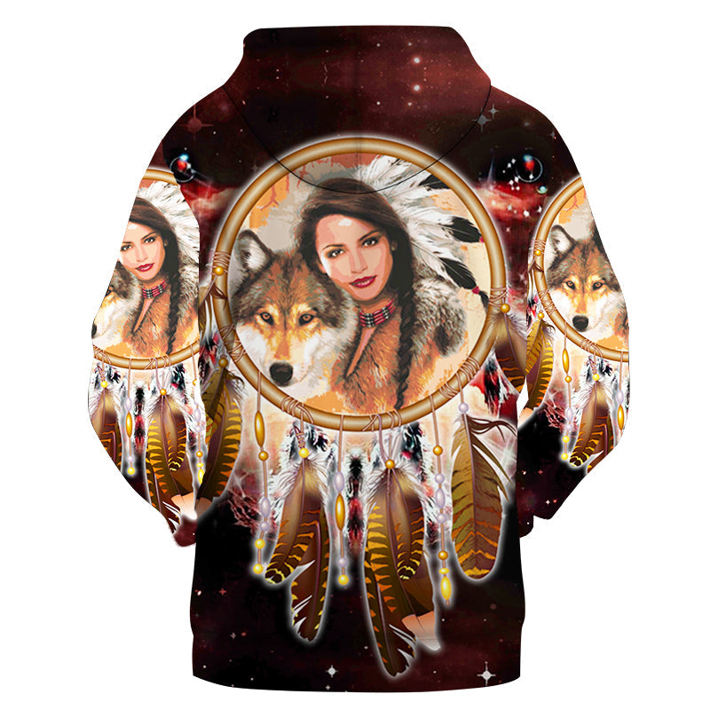 GB-NAT00354 Native Girl Dream Catcher Red Galaxy 3D Hoodie