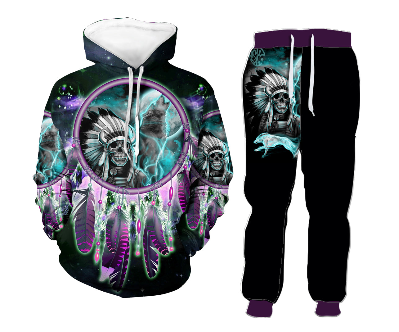 GB-NAT00356 Skull Chief Dream Catcher Hoodie Long Pants 3D Set