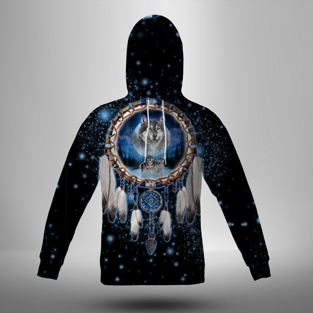 GB-NAT00010 Galaxy Dreamcatcher Wolf 3D Native American 3D Hoodie With Mask