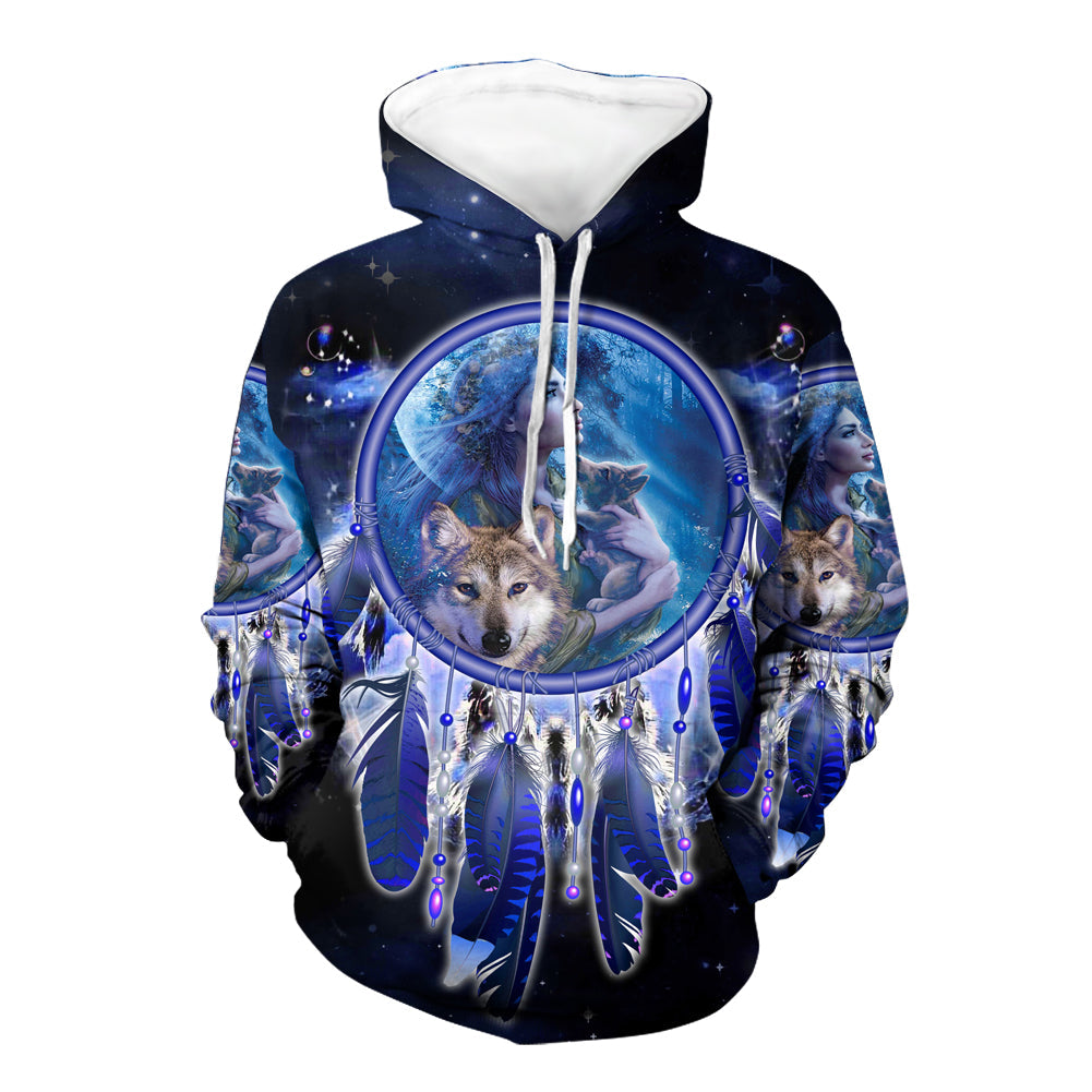GB-NAT00358 Girl & Wolves Dream Catcher 3D Hoodie