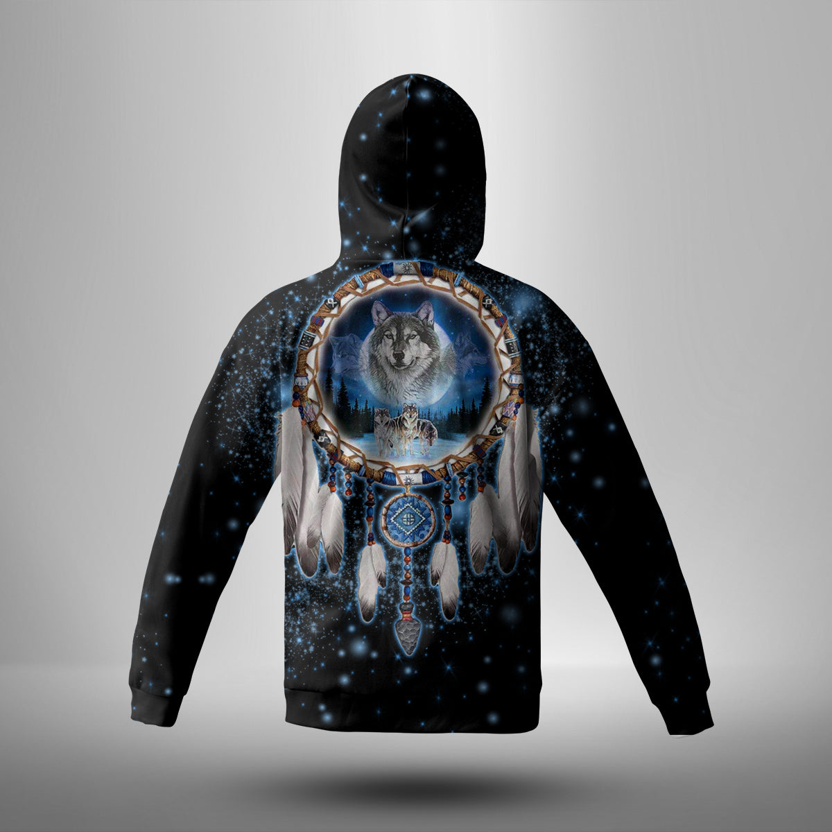 GB-NAT00010 Galaxy Dreamcatcher Wolf 3D Native American 3D Hoodie With Mask
