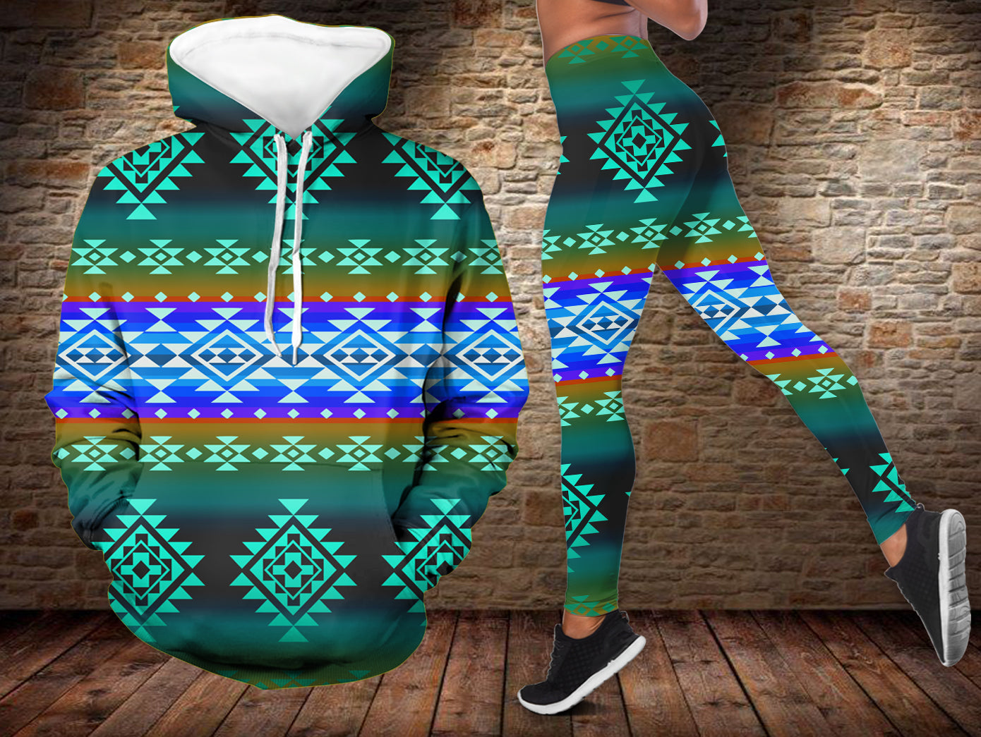 GB-NAT00680-02 Pattern Blue  Native American  3D Hoodie Legging Set