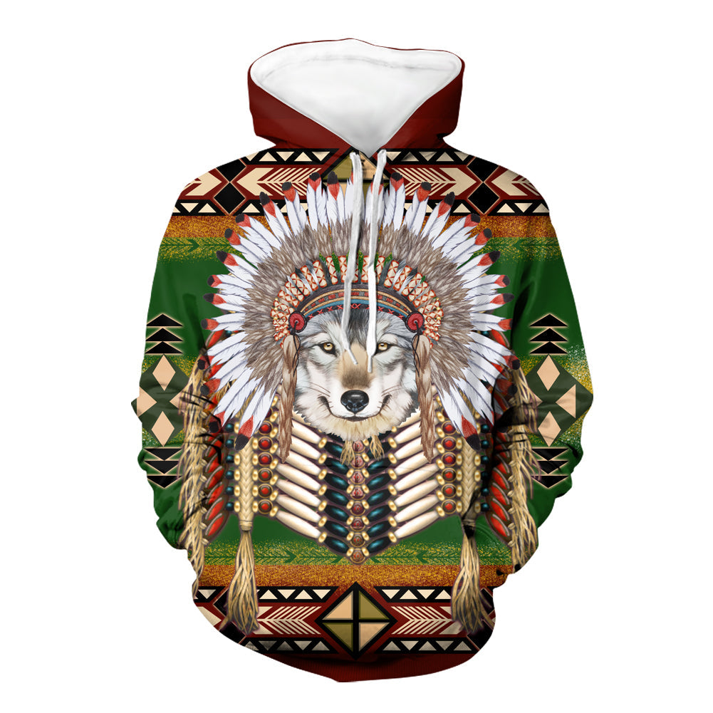 GB-NAT00374 Headdress Wolf Native 3D Hoodie