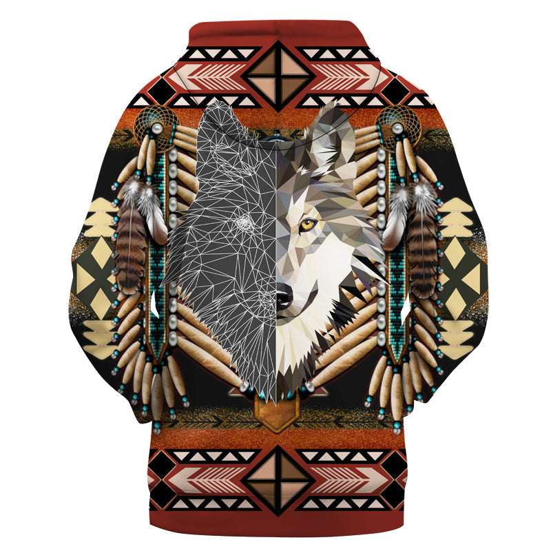 GB-NAT00373 A Half Face Wolf Native 3D Hoodie
