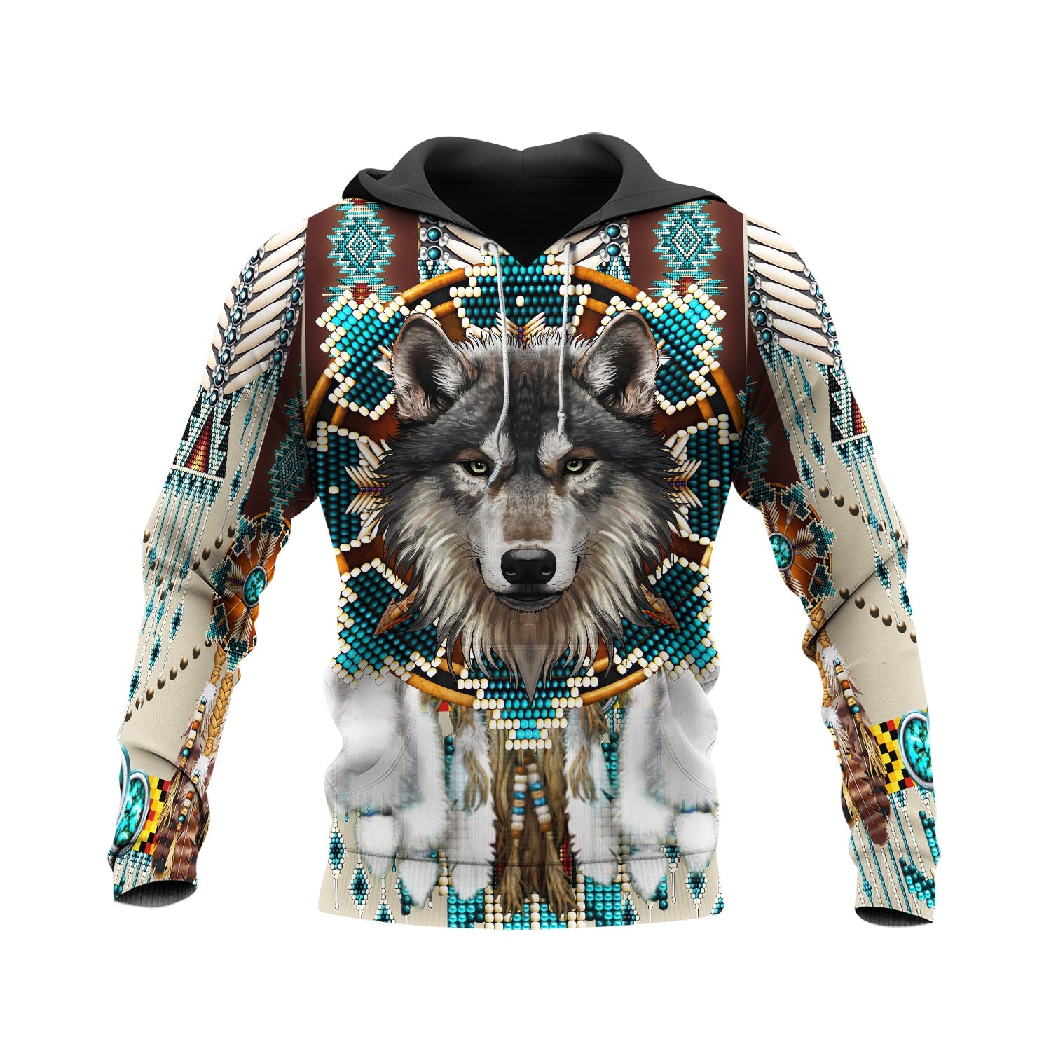 GB-NAT00446-05 Blue Mandala Feather Wolf Native 3D Hoodie
