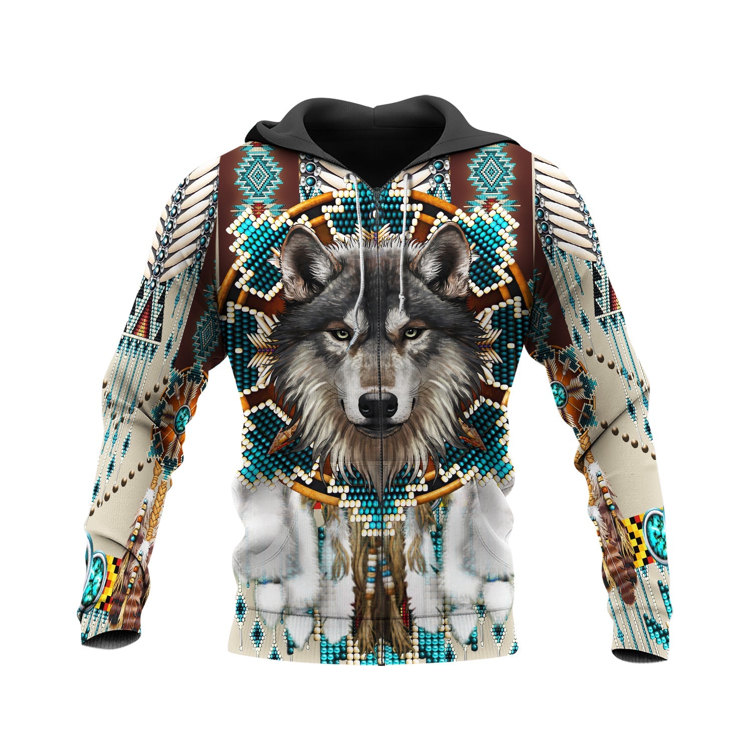 GB-NAT00446-05 Blue Mandala Feather Wolf Native 3D Hoodie