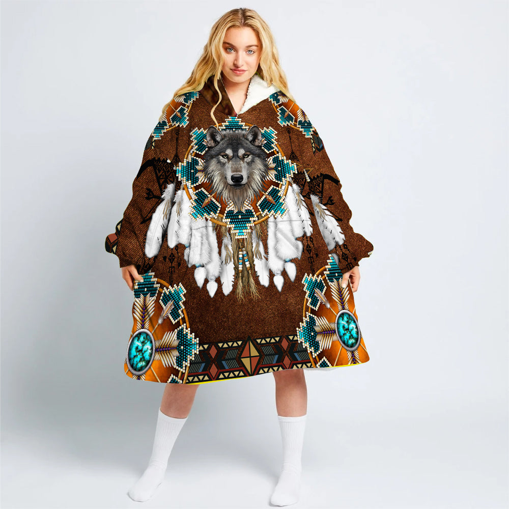 GB-NAT00446-05 Blue Mandala Feather Wolf  Long Fleece Hoodie