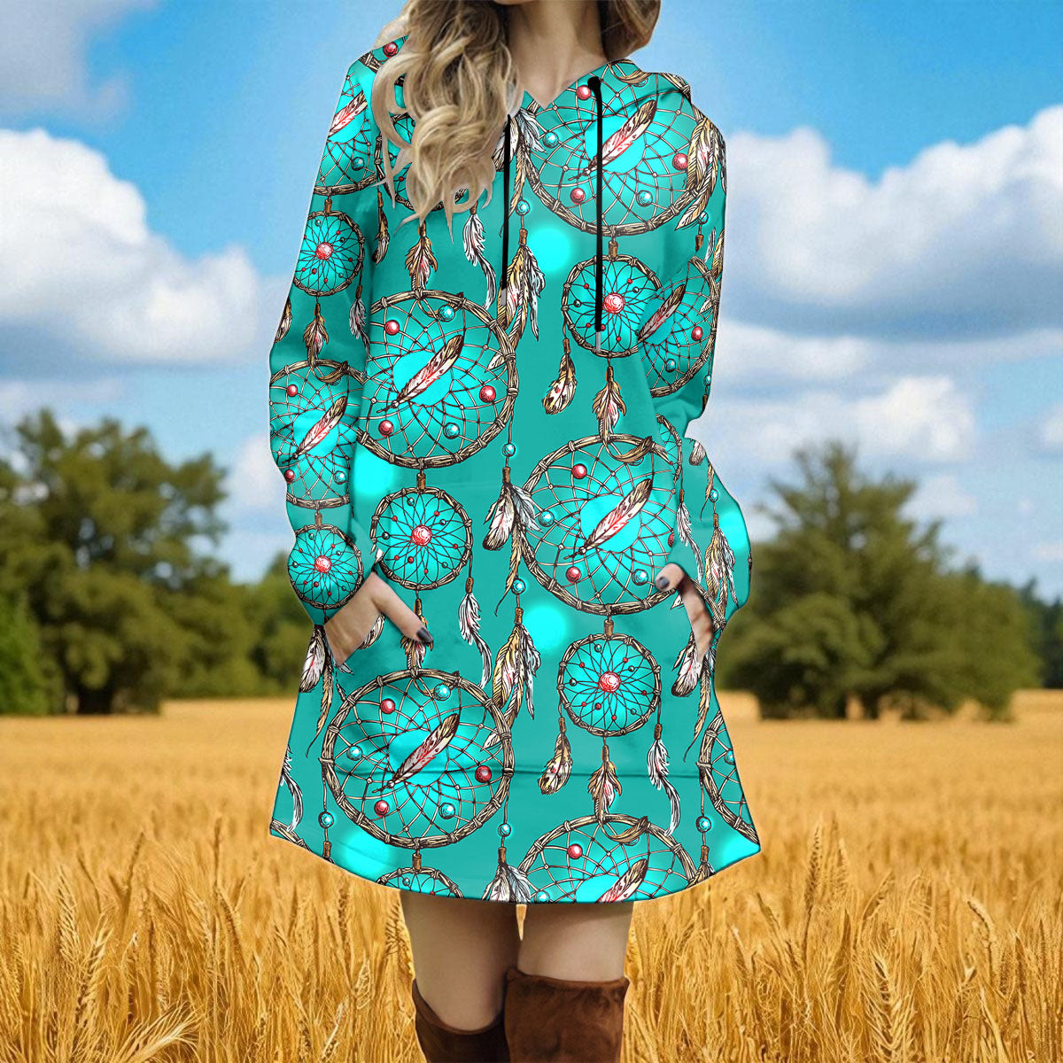 BS-000299 Dreamcatcher Native American Women Longline Hoodie Dress