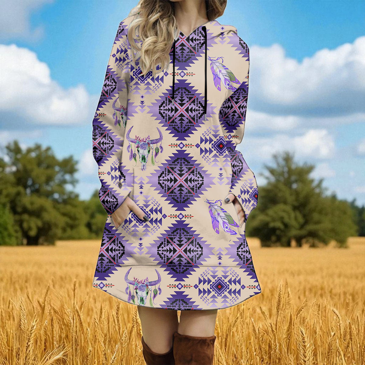 GB-NAT00744-06 Native American Women Longline Hoodie Dress