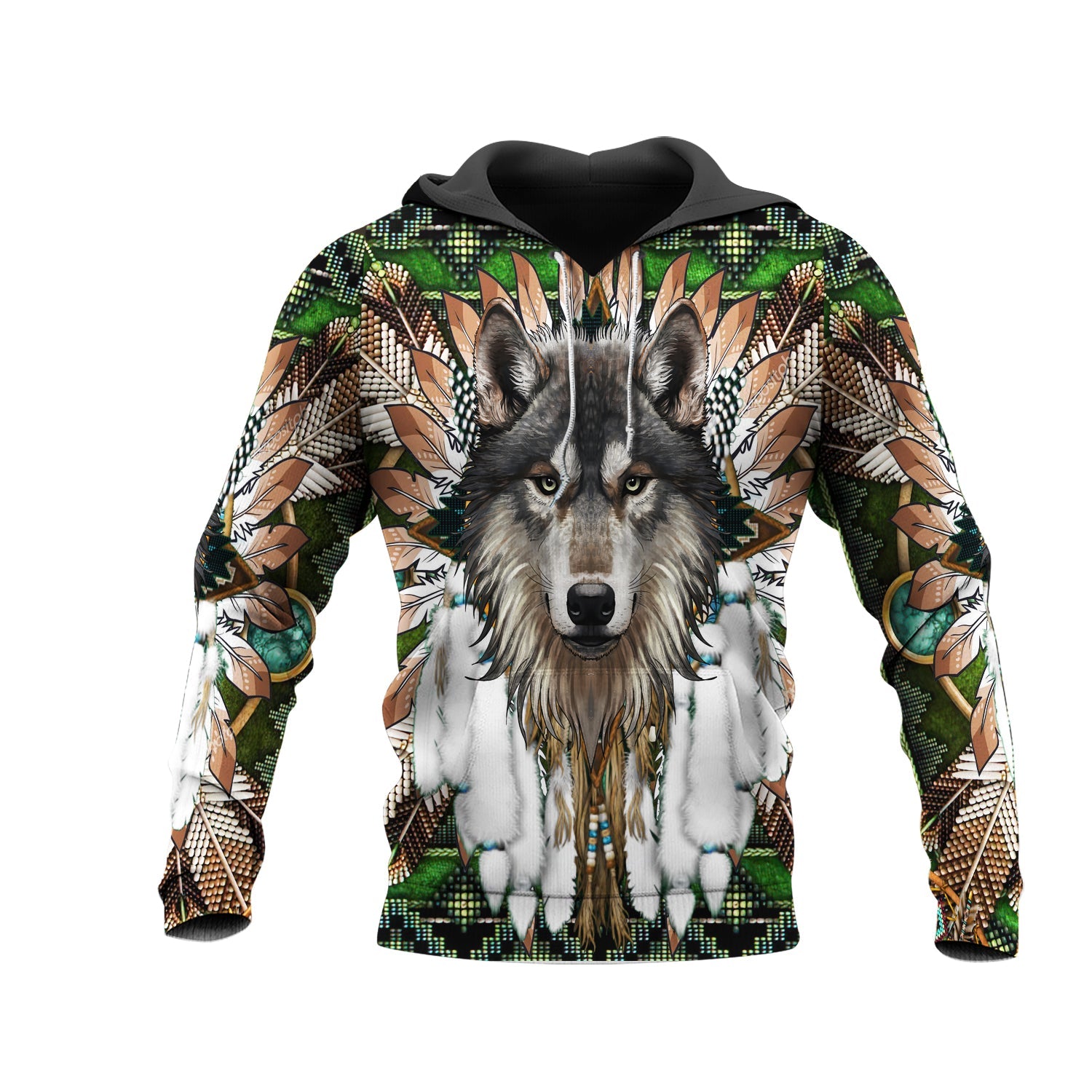 HD00045 Mandala Green Wolf  Native 3D Hoodie