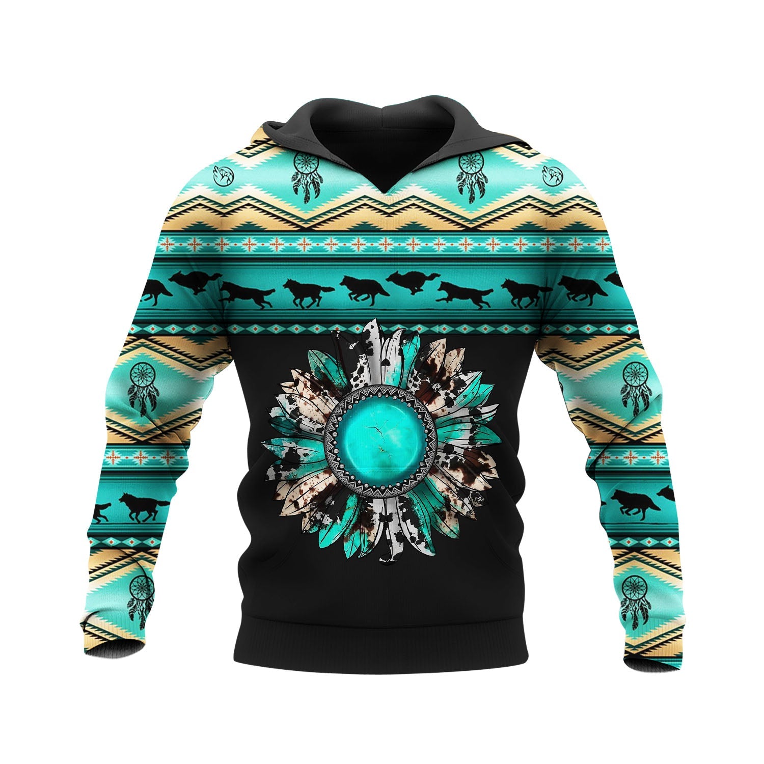 HD250424M04 Blue Western Sunflower Native American Pride 3D Hoodie