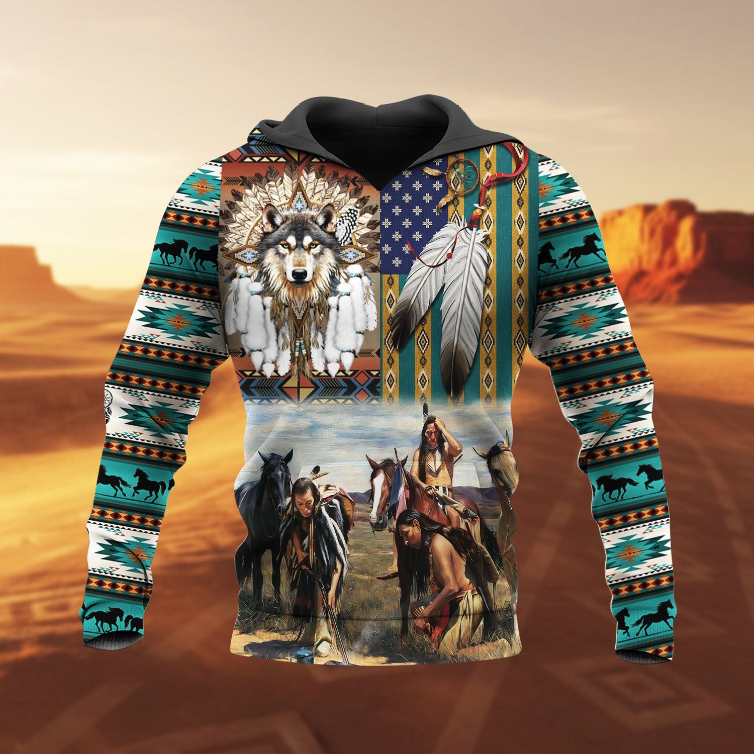 HD251101M07 Chief and Wolf Native American 3D Hoodie
