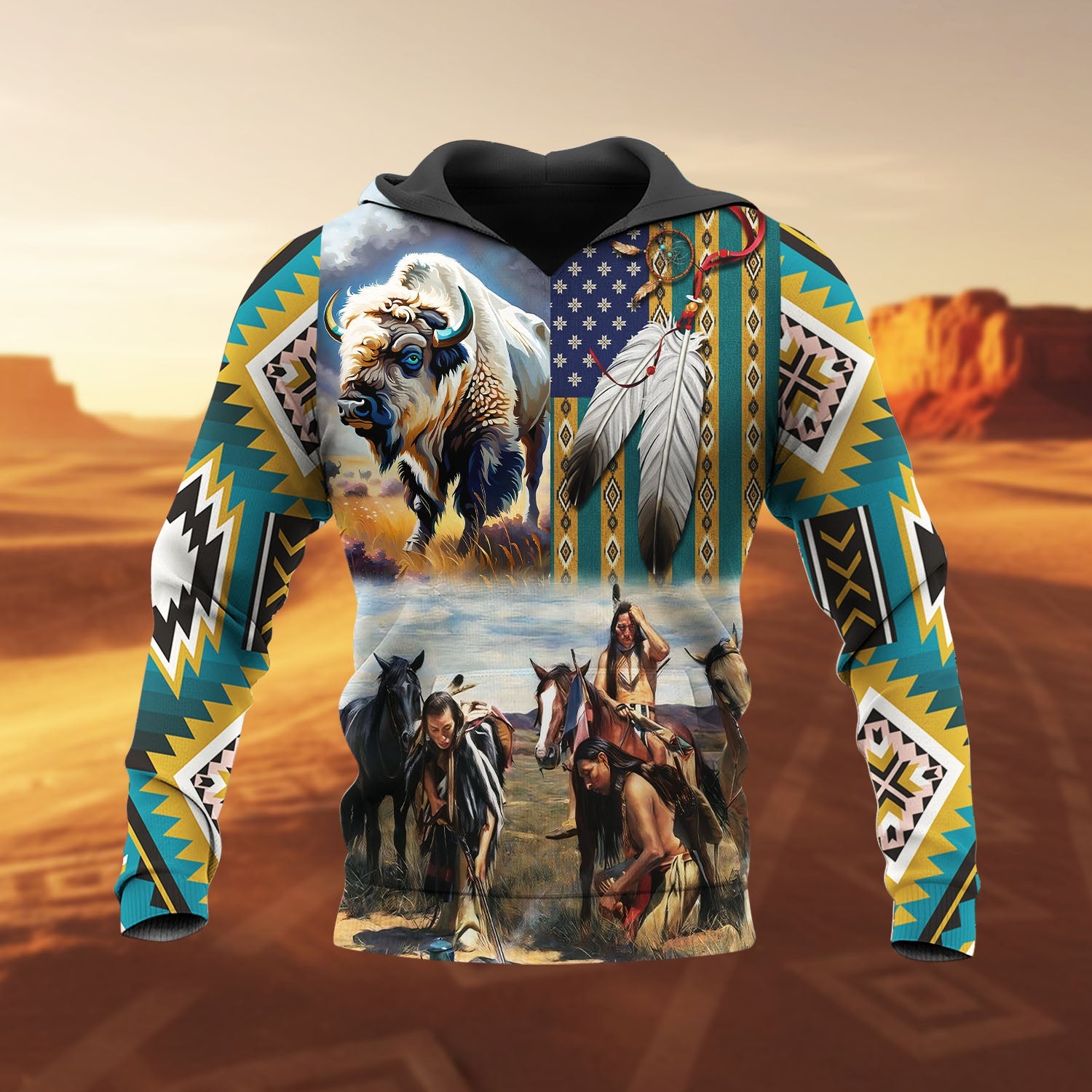 HD251101M08 Chief and Bison Native American 3D Hoodie