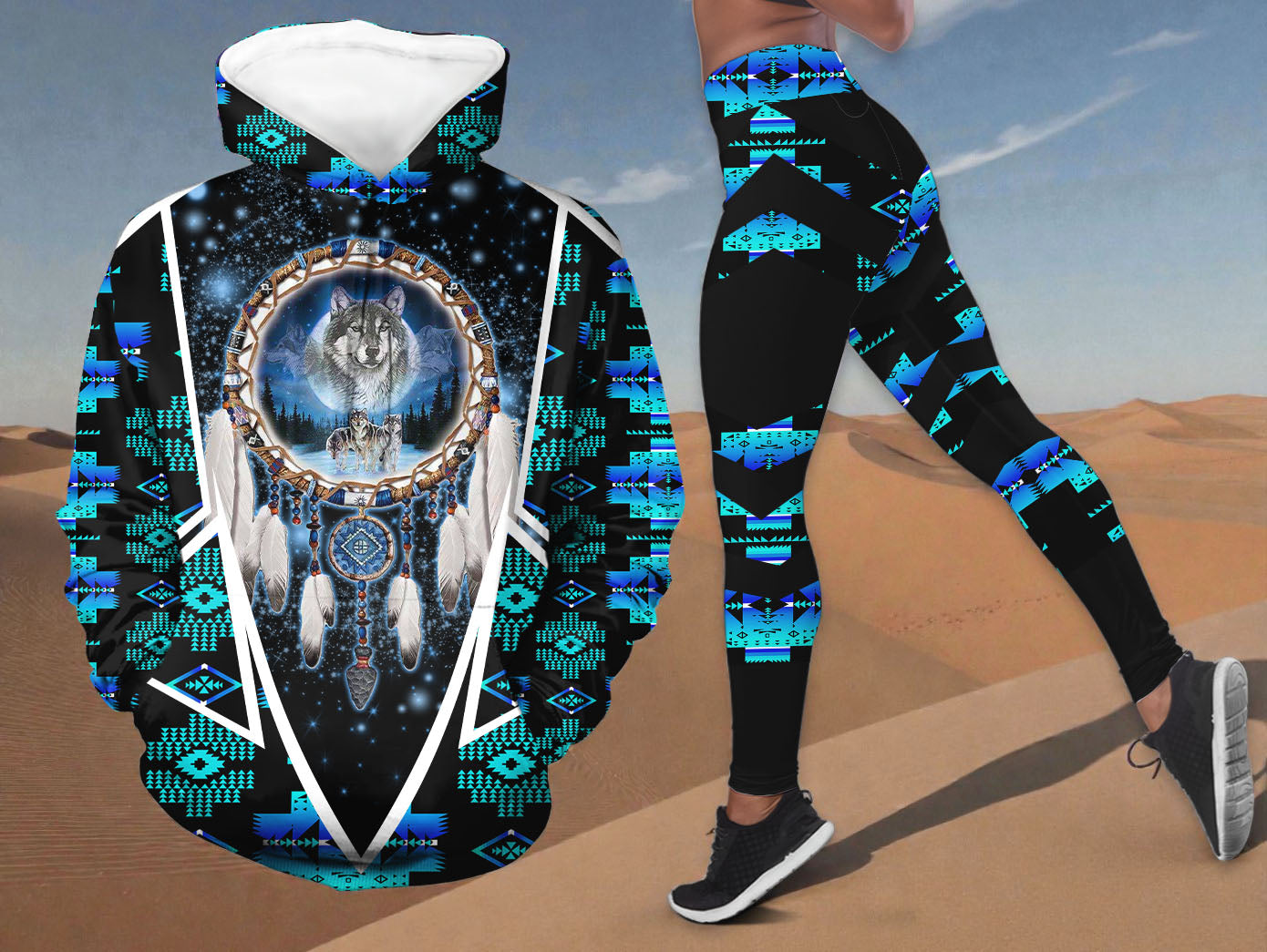 HDL251212M14 Dreamcatcher Wolf Native American Hoodie Leggings Set
