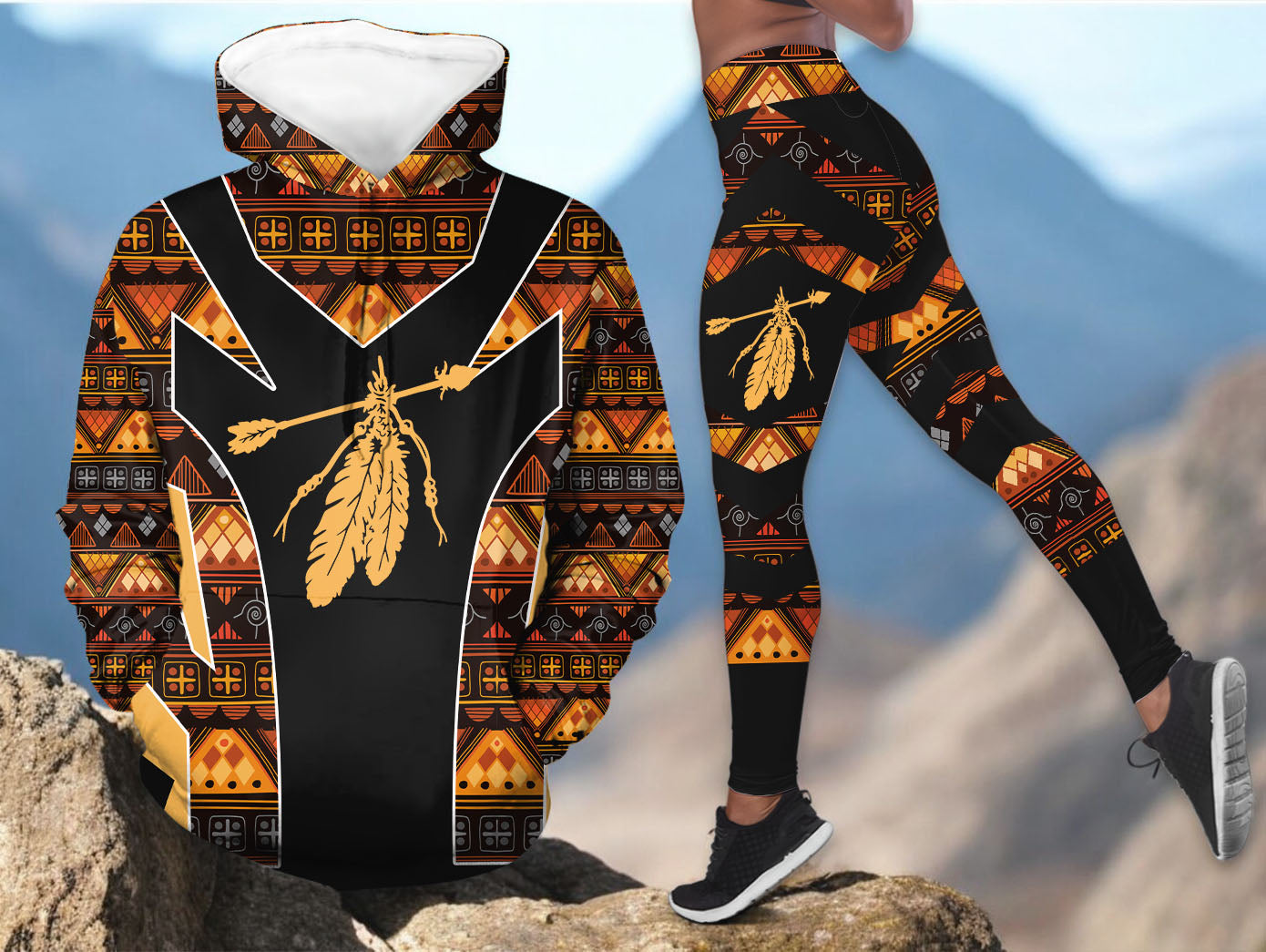 HDL251216M18 Feather Native American Hoodie Leggings Set