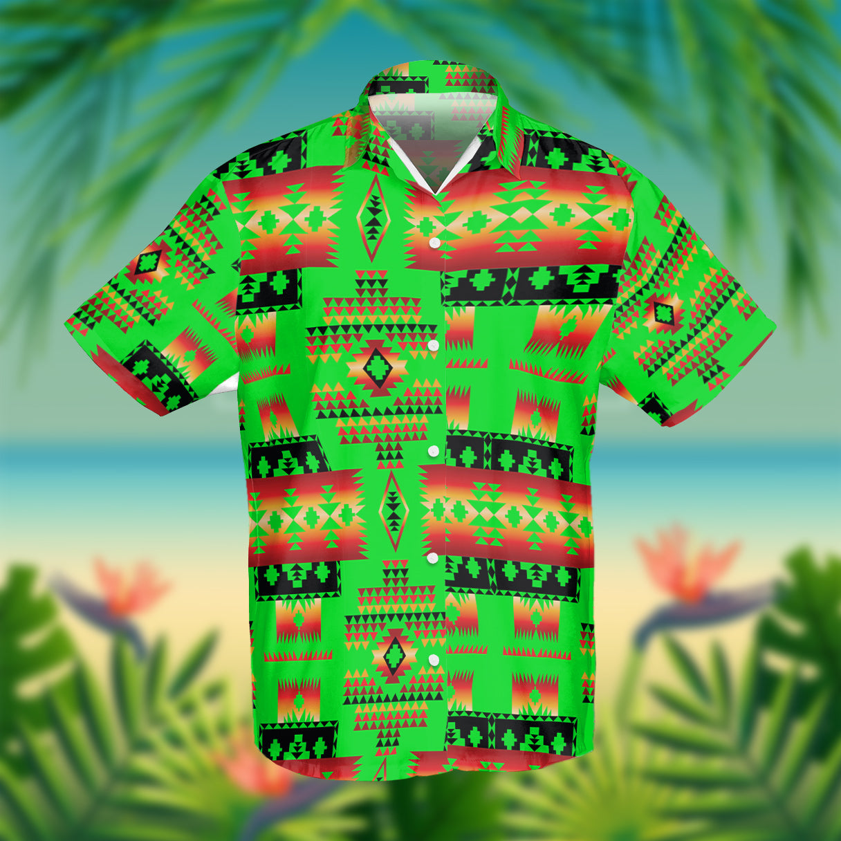 GB-NAT00302-01 Green Tribes Pattern Native American Hawaiian Shirt 3D