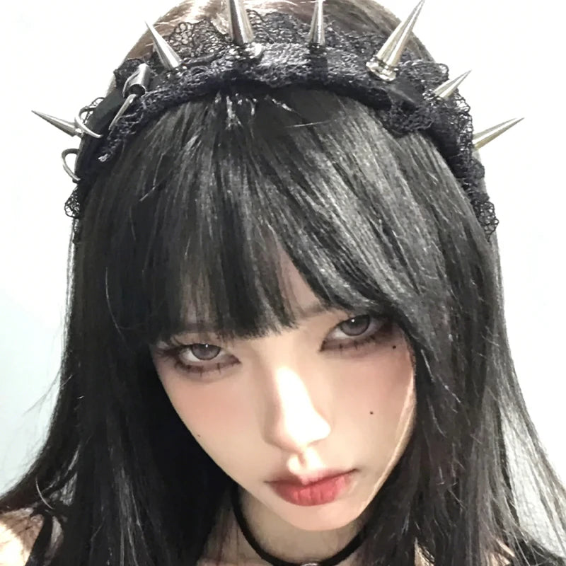 2026 NEW Gothic Punk Spike Headband Women Vintage Lace PU Leather Rivet Headdress Dark Cosplay Party Hair Accessories
