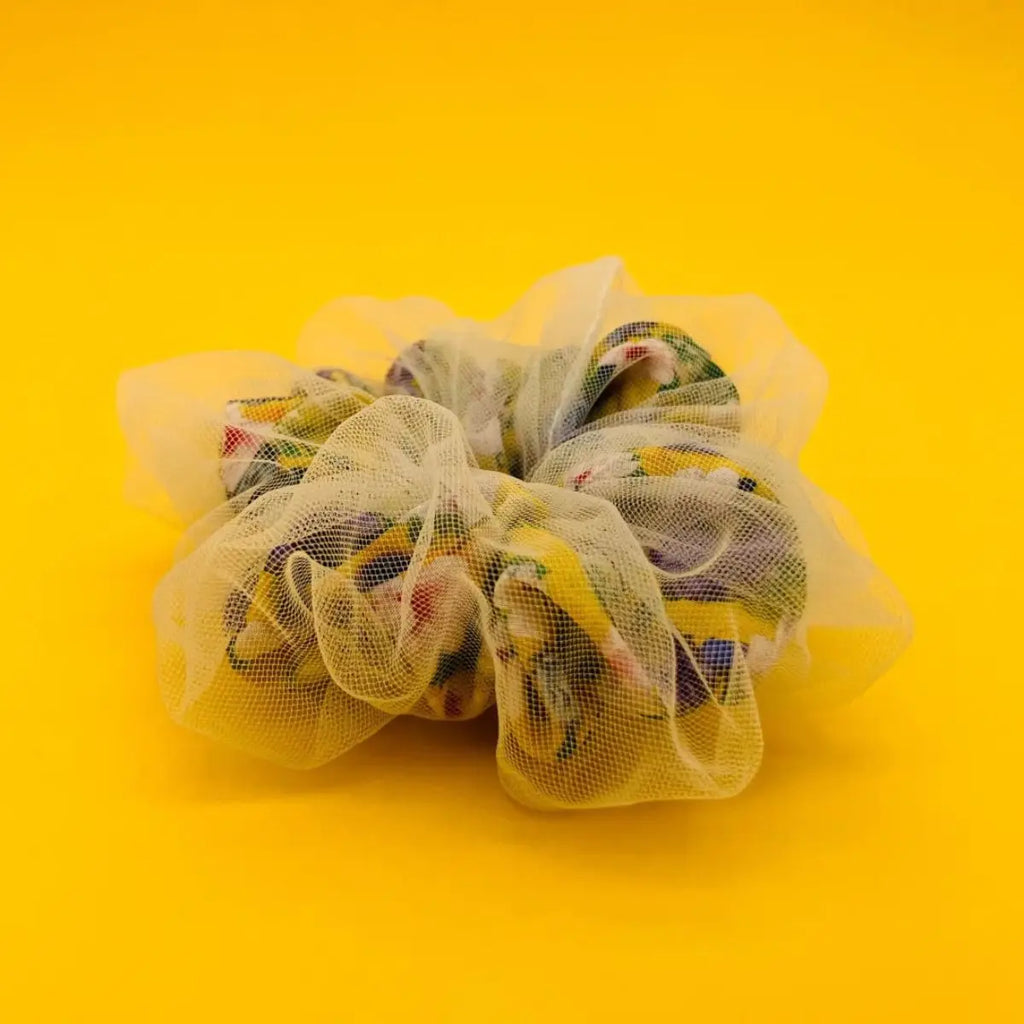Liberty London Floral Silk Double-Layer Mesh Scrunchie | Cream White Net Overlay, Dreamy Floral Hair Accessory