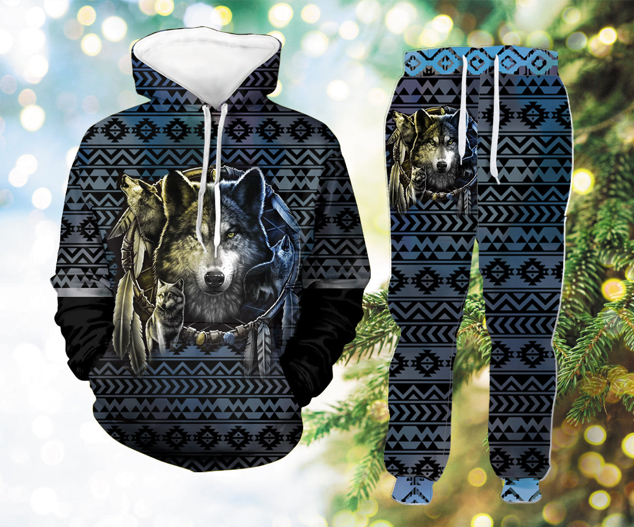 HLP0024  Pattern Light Blue Wolf Hoodie Long Pants 3D Set