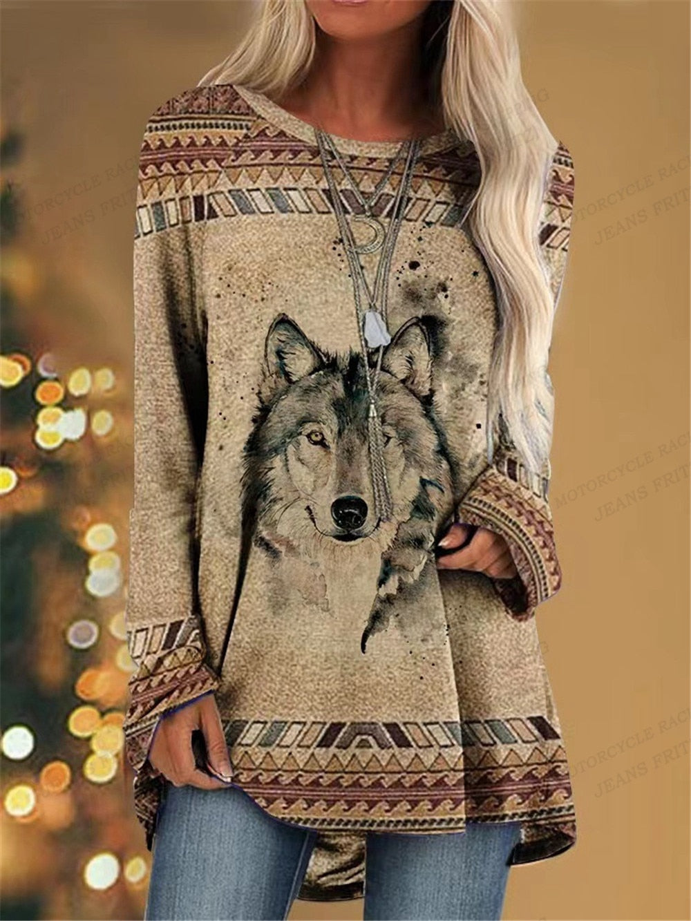 Women's Shirt Wolf 3d Print Casual Long Sleeve Tops Tees Vintage
