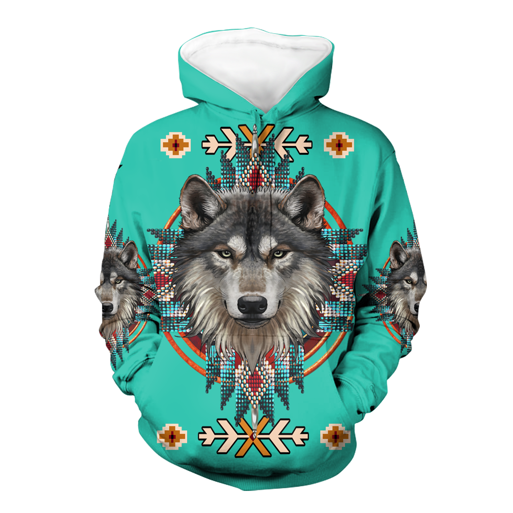 HD00030  Pattern Blue Wolf Native 3D Hoodie