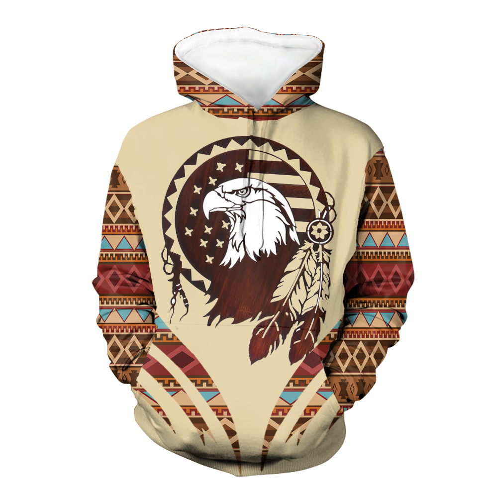 GB-NAT00664  Eagle Pattern Brown Native 3D Hoodie