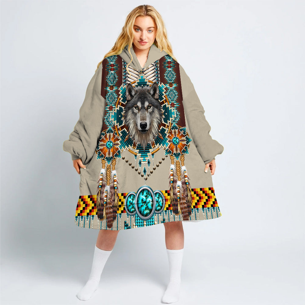 GB-NAT00069B Blue Mandala Wolf  Long Fleece Hoodie