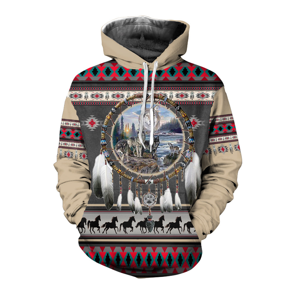 HD1116  Pattern Dreamcatcher Wolf Native American 3D Hoodie