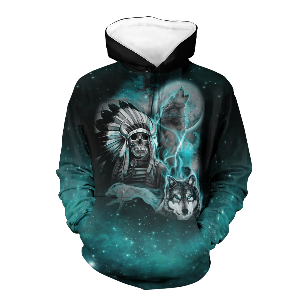 HD00044 Skull And Wolf Smoke Native 3D Hoodie