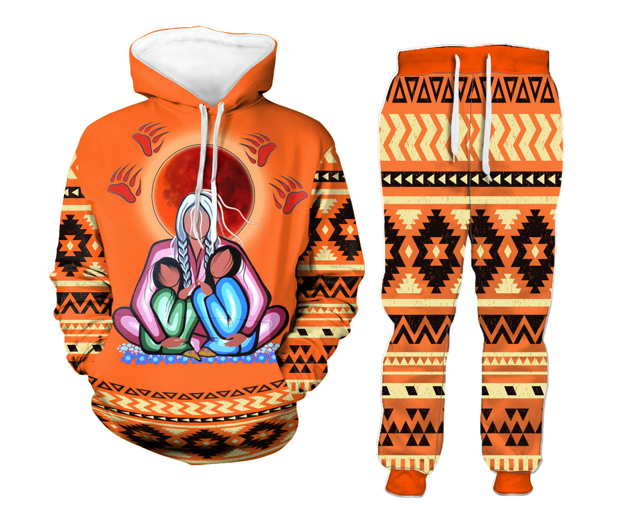 HD00088 Pattern Orange Hoodie Long Pants 3D Set